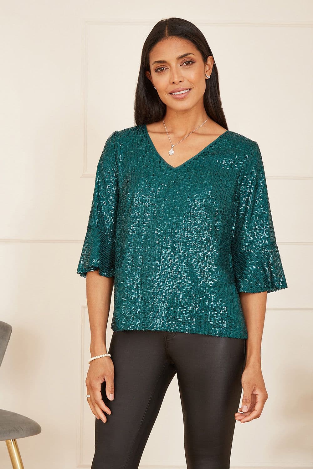 Yumi Women's Green Sequin Top With Fluted Sleeve | Size: 18