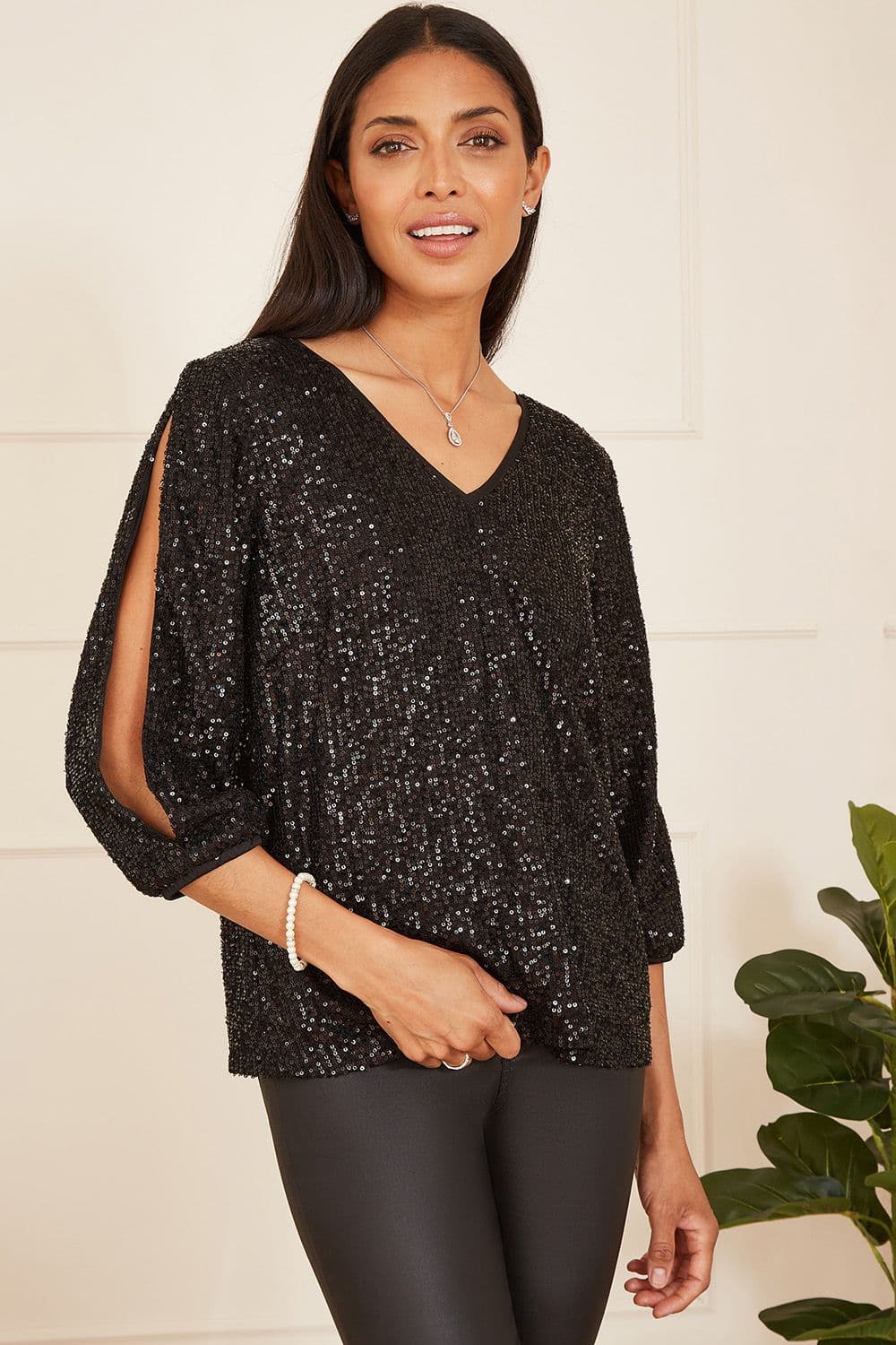 Black Sequin Sleeve Slit Sleeve Top