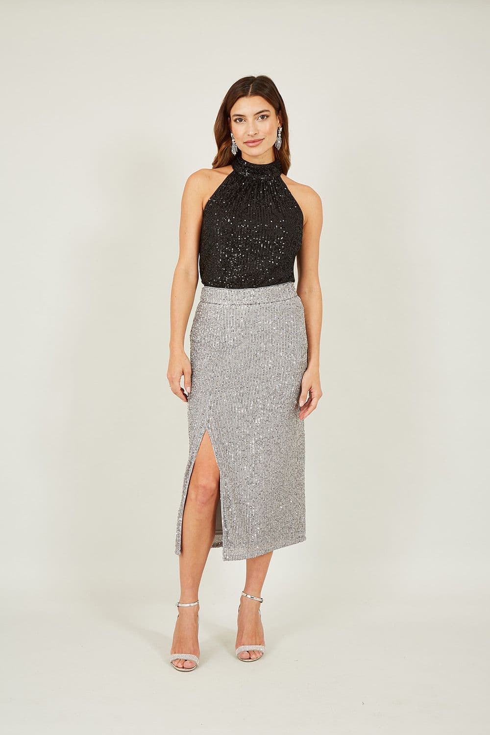 Silver Sequin Fitted Skirt With Front Slit