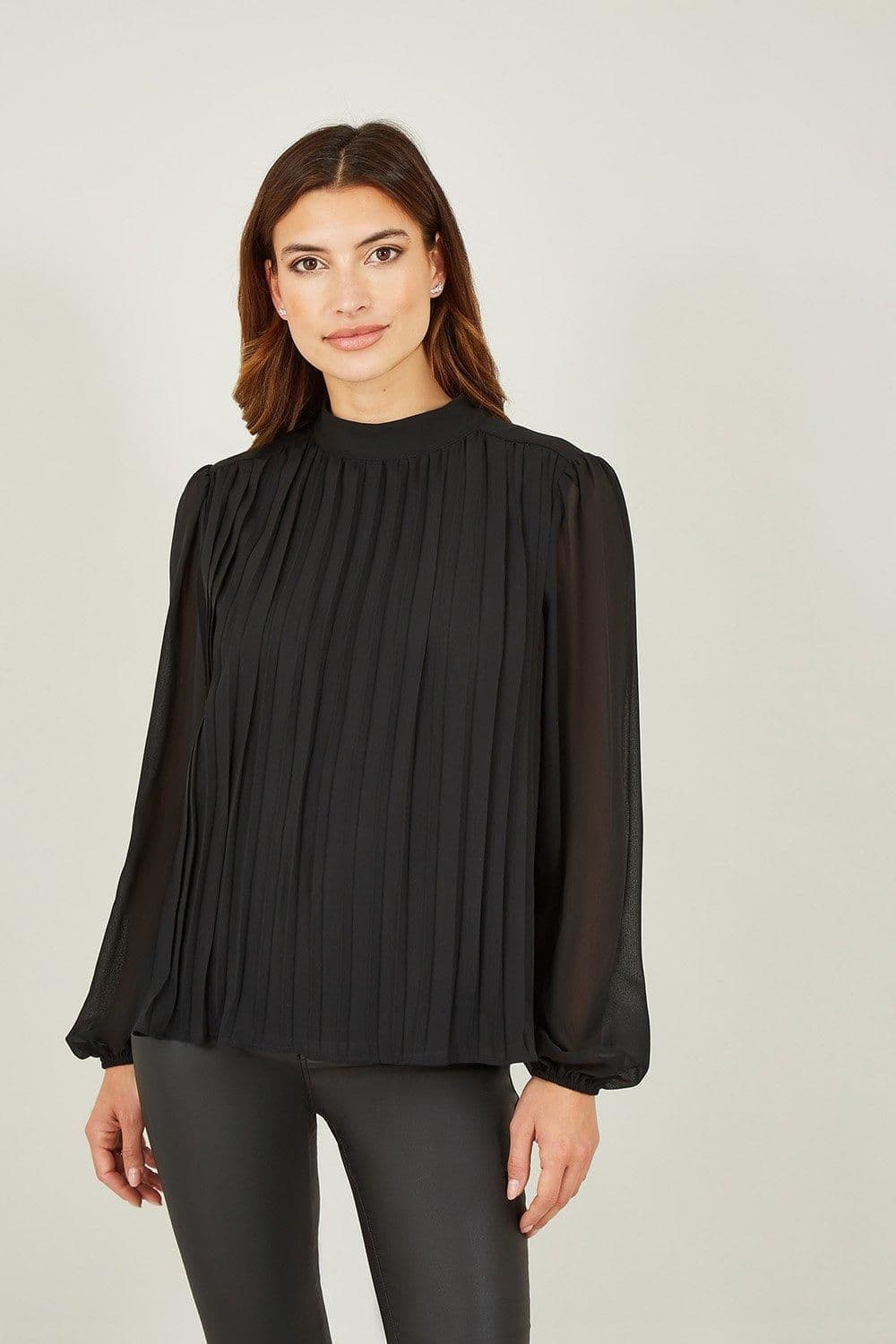 Pleated Long Sleeve Top High Neck