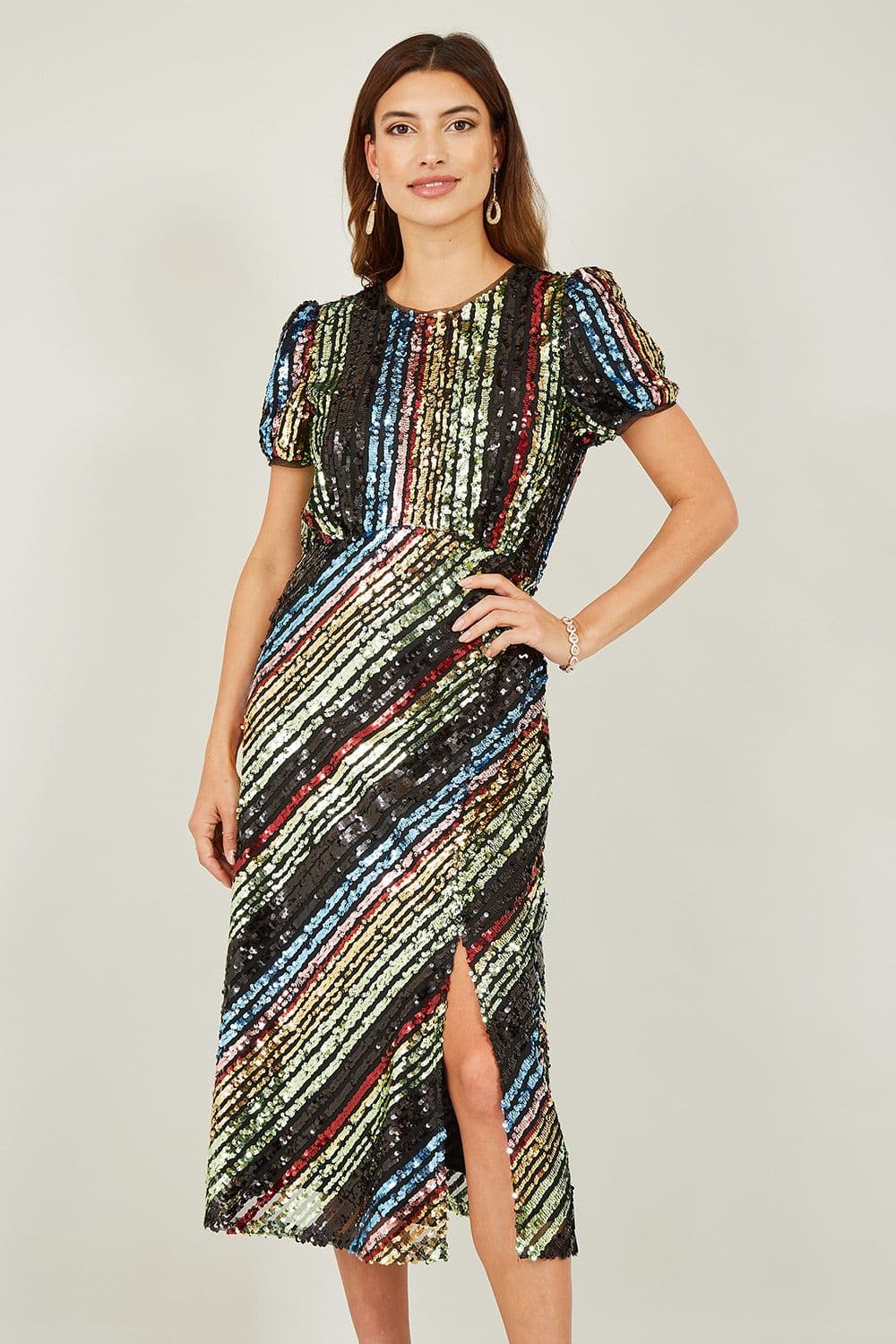 Multicolour Rainbow Stripe Sequin Midi Dress