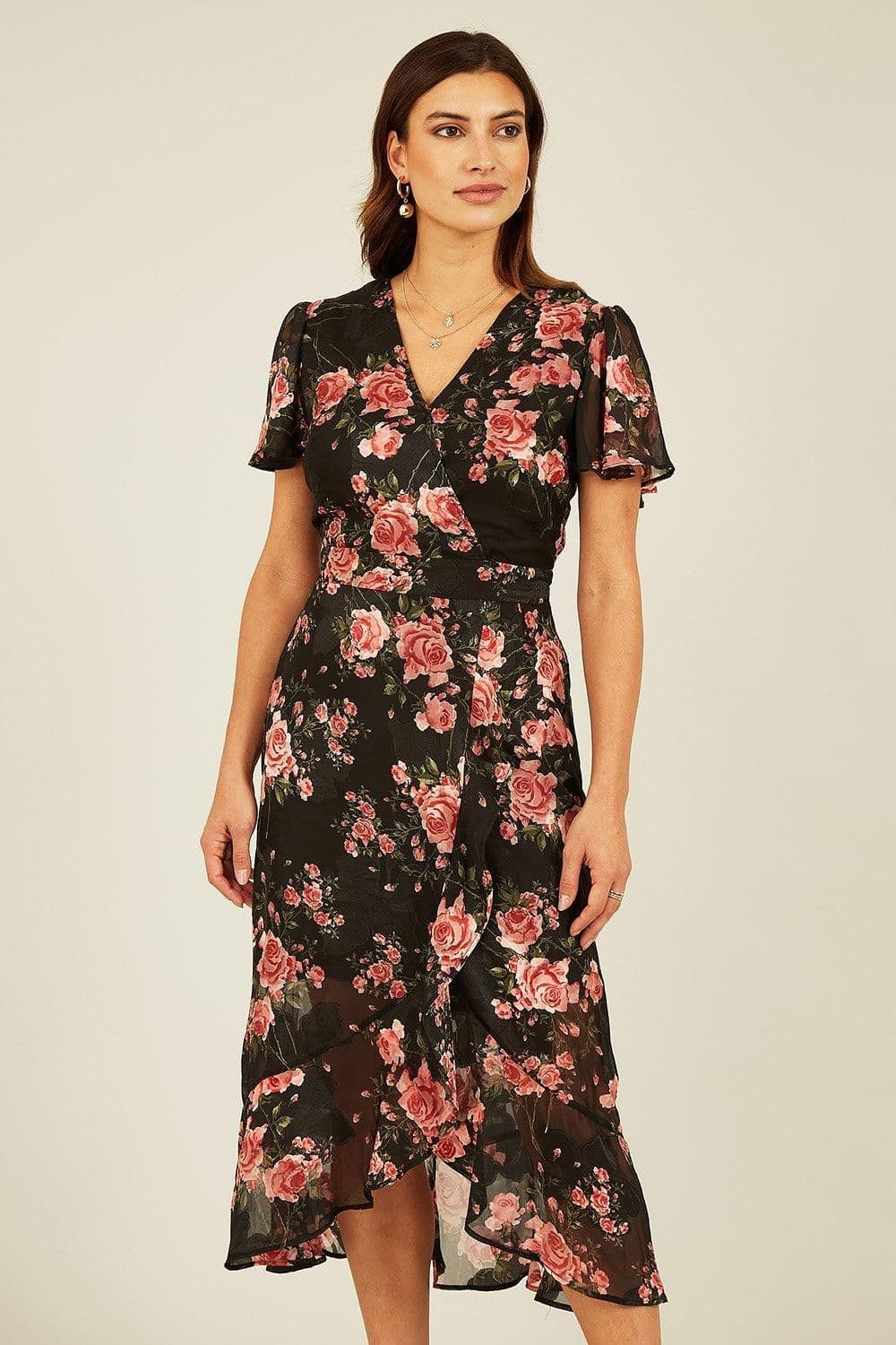 Rose Print Midi Wrap Dress