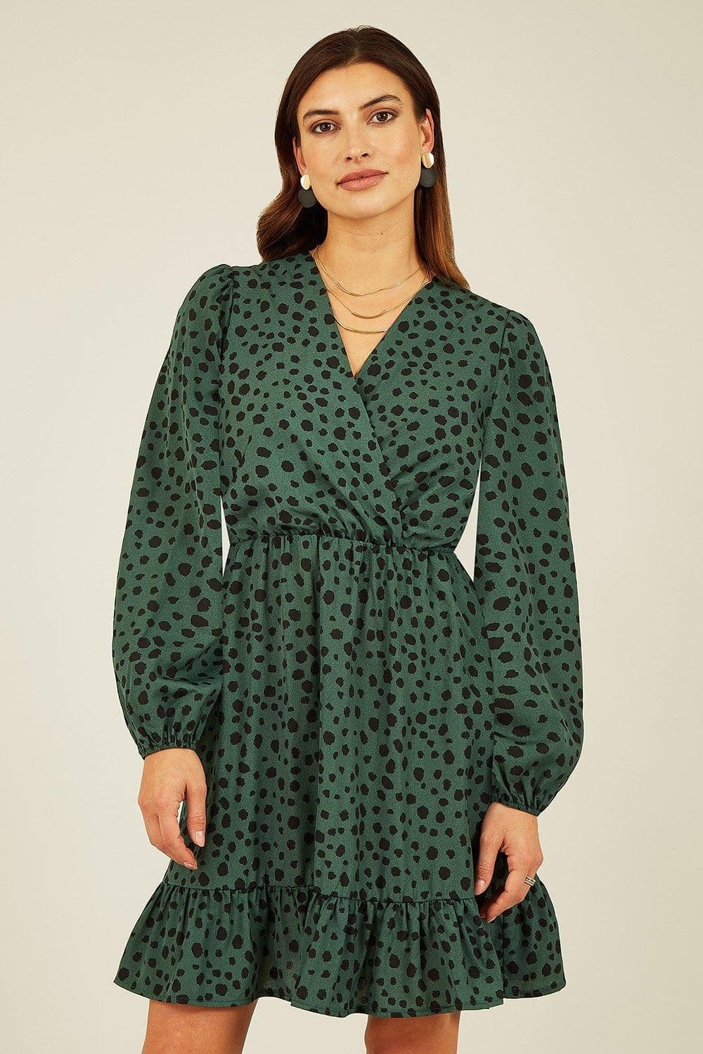 Dalmatian Print Long Sleeve Wrap Over Midi Dress