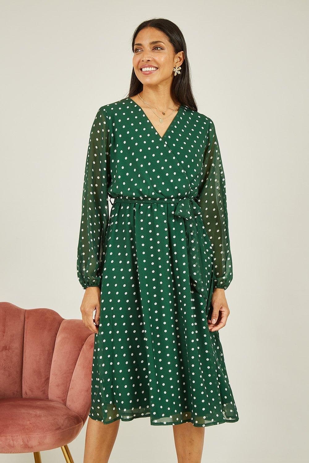 Polka Dot Long Sleeve Midi Wrap Dress
