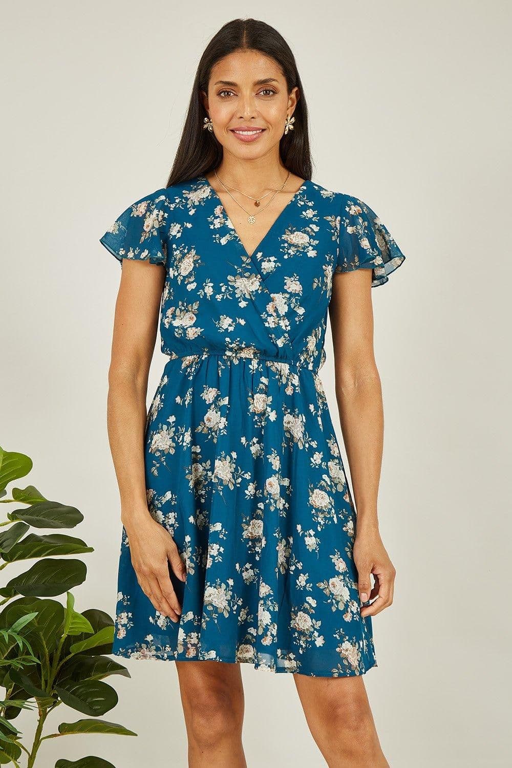 Floral Print Wrap Over Skater Dress