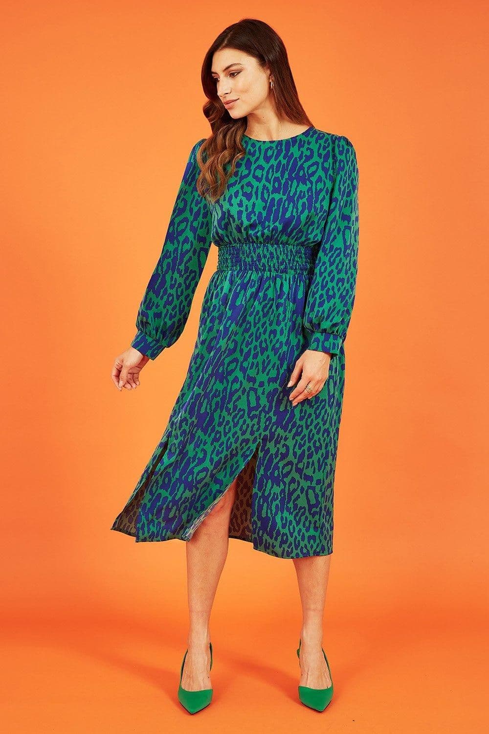 Animal Print Long Sleeve Ruched Midi Dress