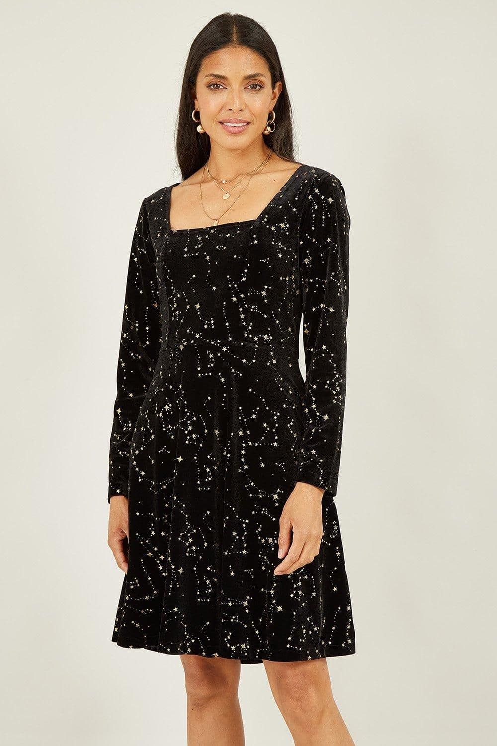 Star Foil Print Long Sleeve Skater Dress
