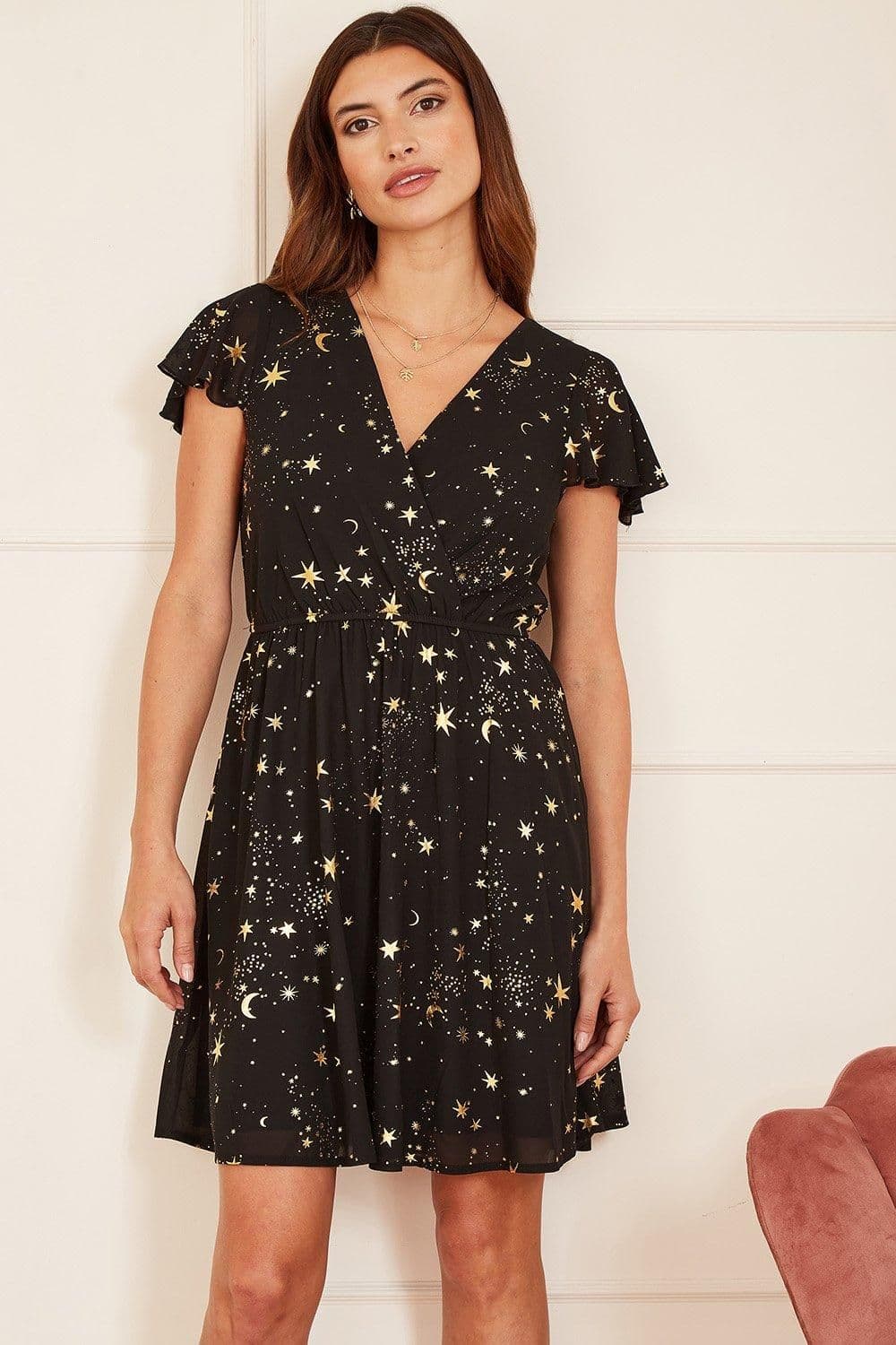Foil Star Print Wrap Skater Dress