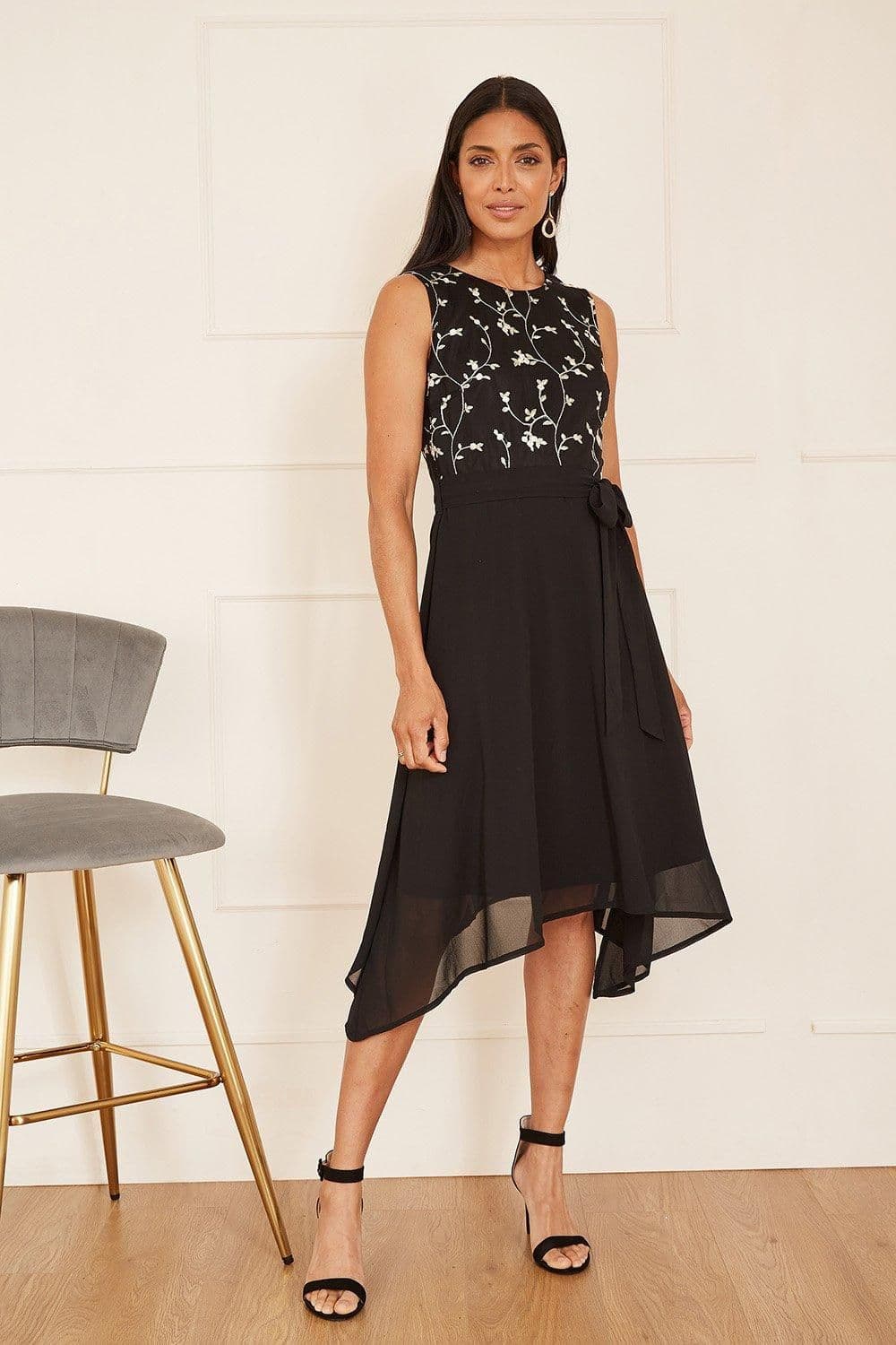 Embroidery Midi Skater Dress Dip Hem
