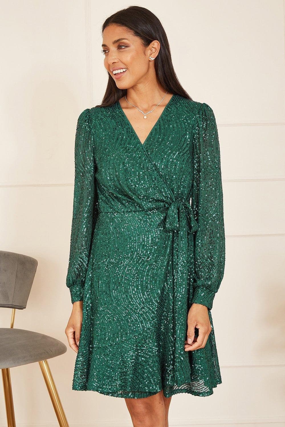 Sequin Long Sleeve Frill Wrap Dress