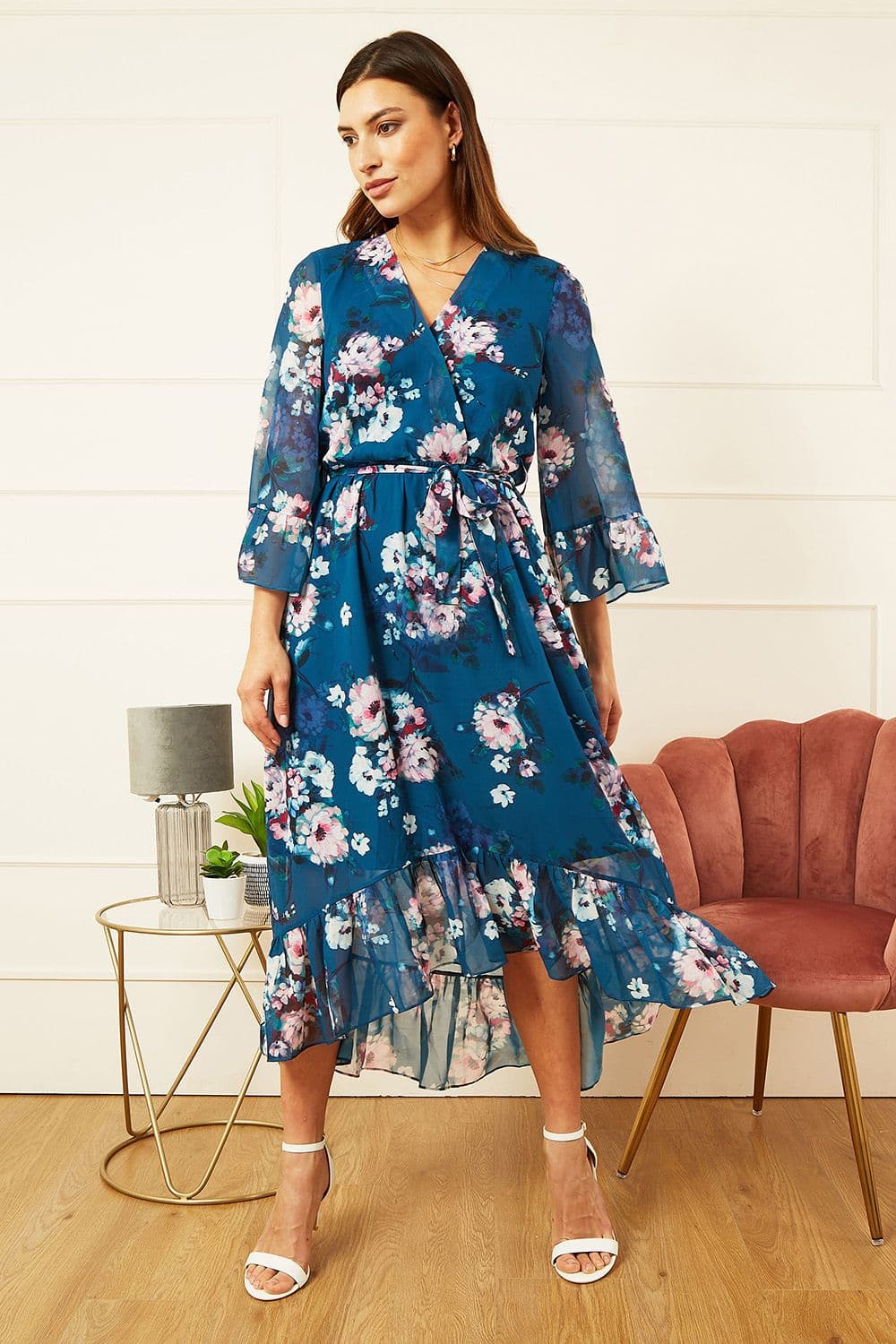 Teal Watercolour Floral Dip Hem Midi Dress