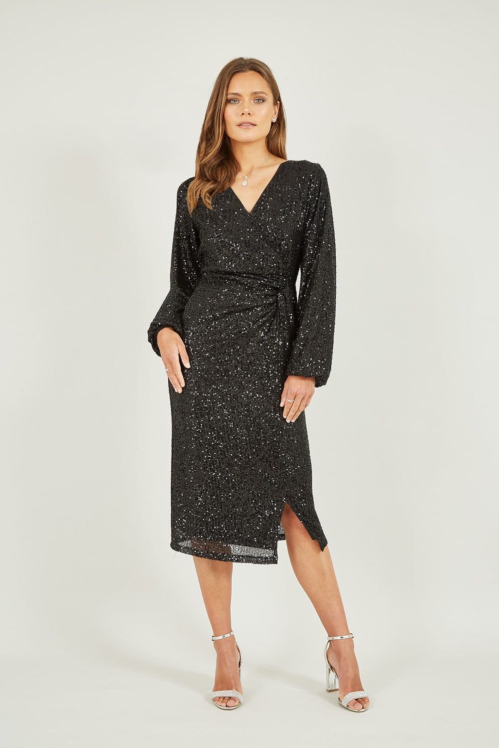 Black Sequin Ruched Wrap Long Sleeve Dress