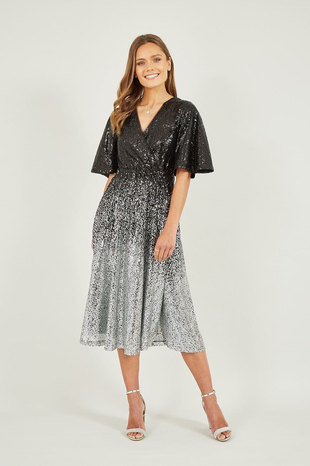 Yumi Women's Black & Silver Ombre Sequin Midi Wrap Dress | Size: 10