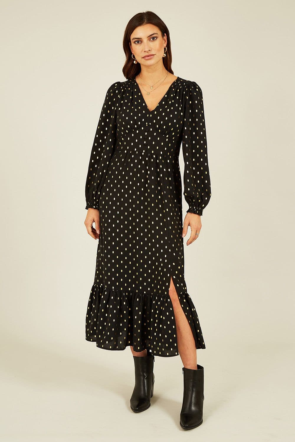 Black Foil Print Long Sleeve Midi Dress