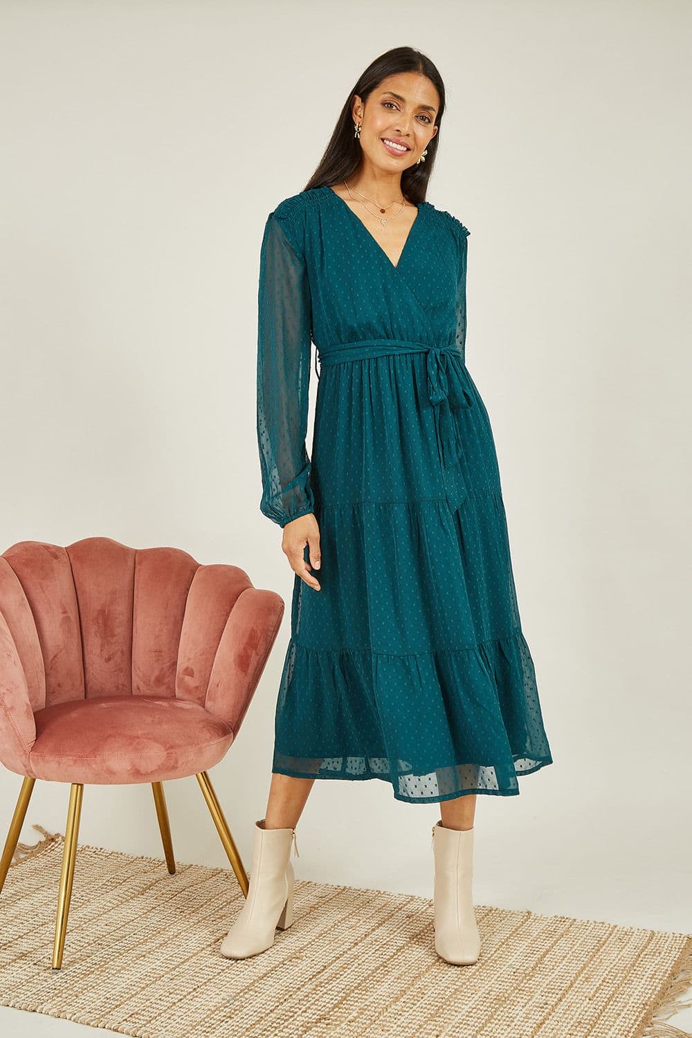 Green Recycled Dobby Spot Long Sleeve Midi Wrap Dress