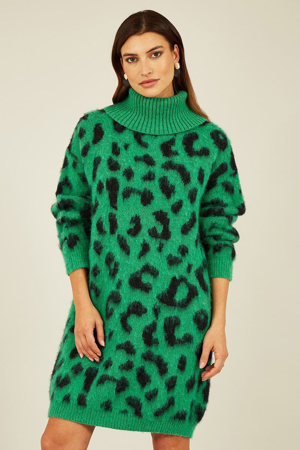 Green Animal Roll Neck Knitted Dress