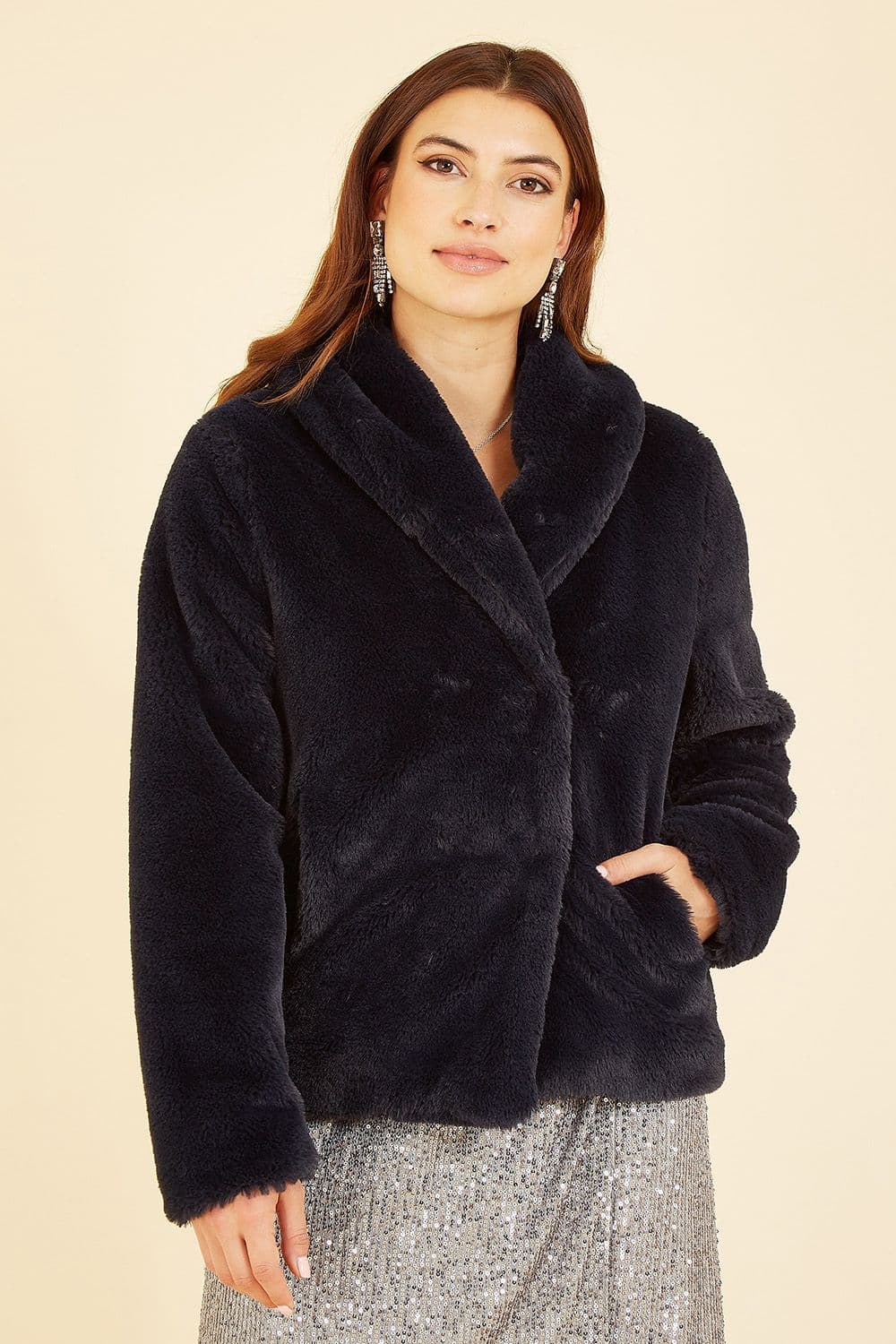 Black Short Wrap Faux Fur Coat