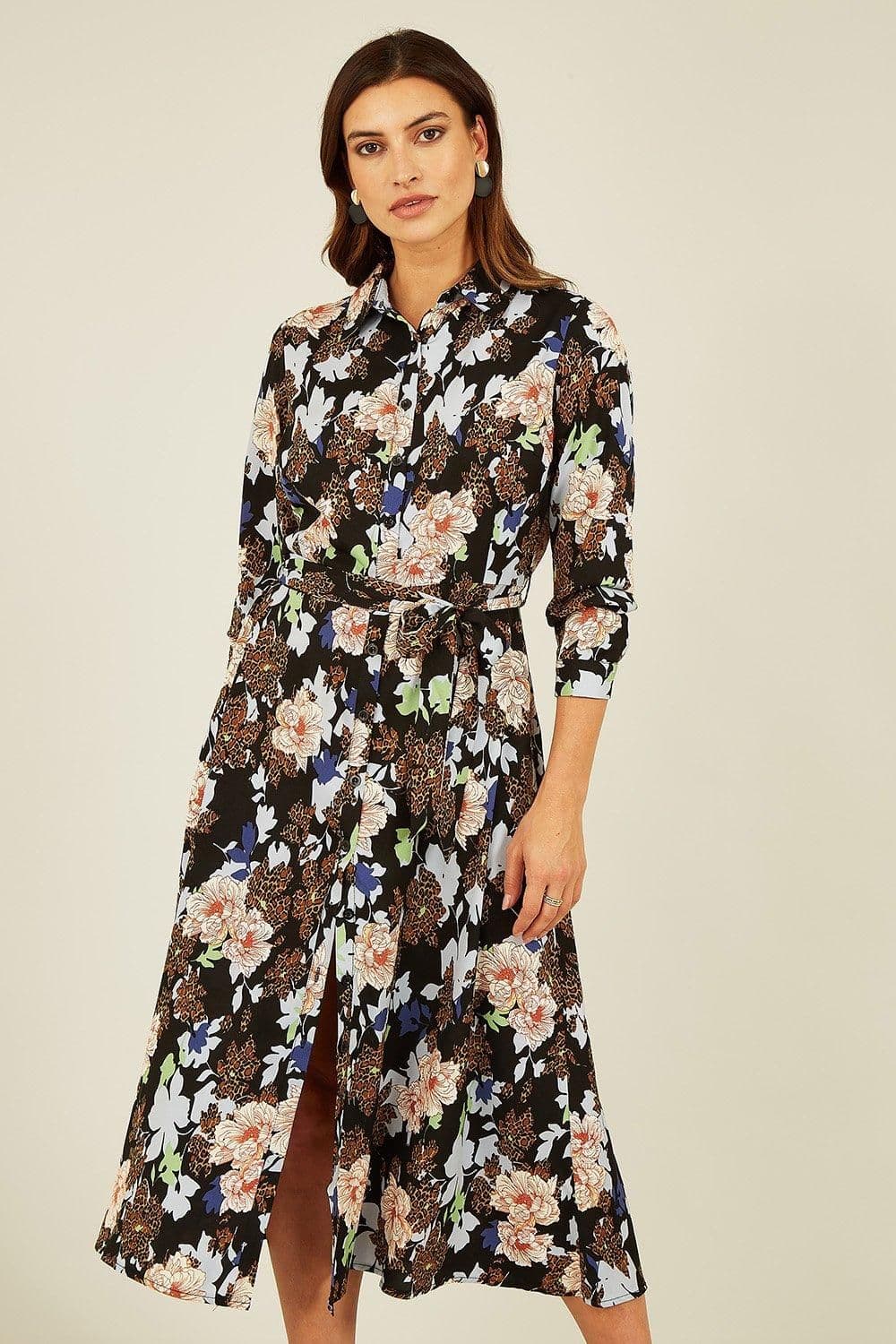Floral Animal Print Long Sleeve Midi Shirt Dress