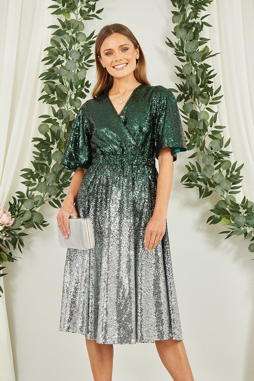 Green and Silver Ombre Sequin Midi Wrap Dress