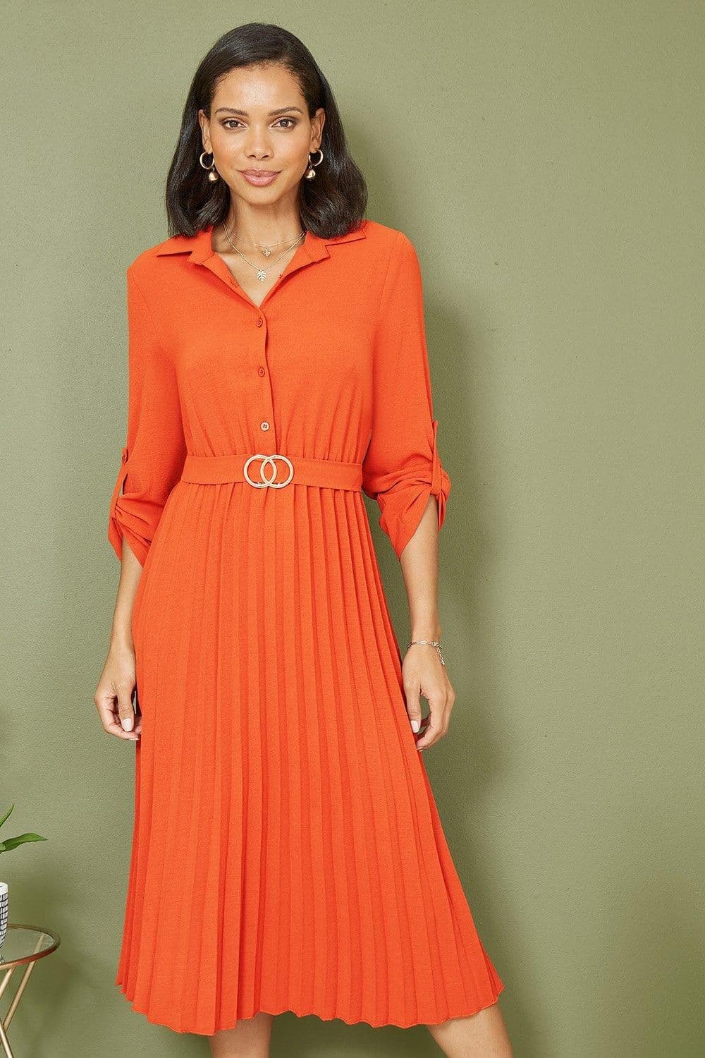 Burnt Pleated Skirt Midi Dress Gold Buckle