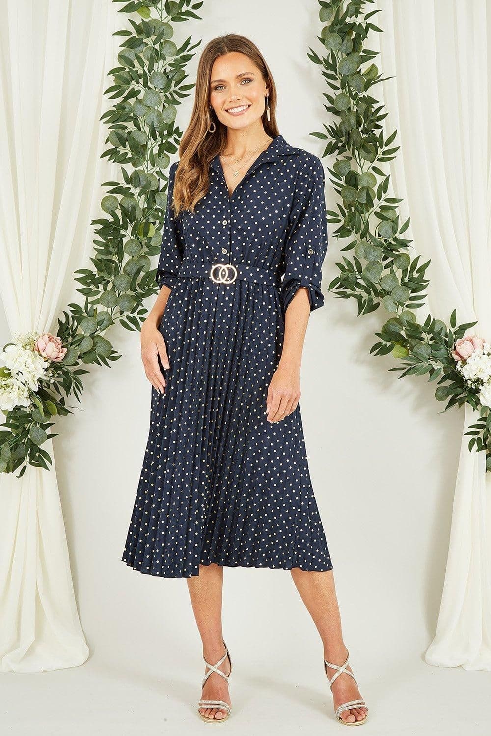 Spot Pleated Skirt Midi Dress Gold Buckle