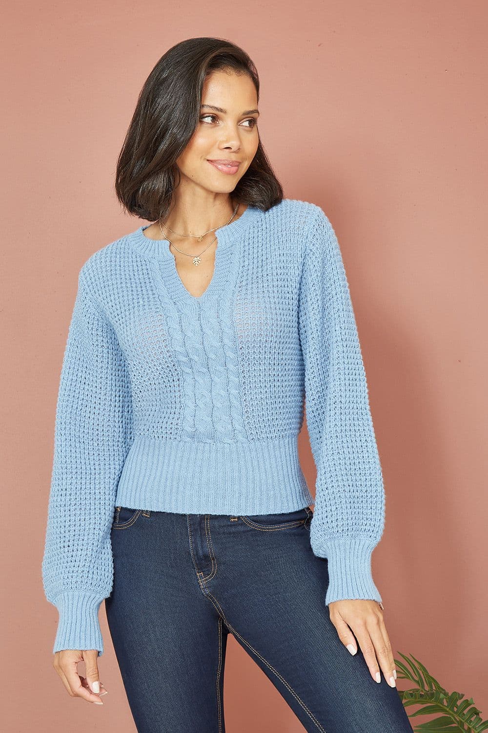 Blue Cable Knit Balloon Sleeve Jumper