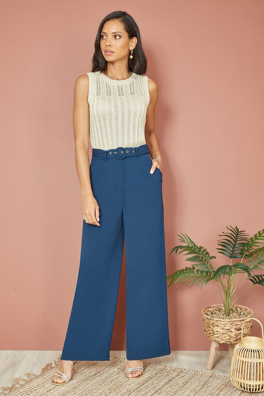 Navy Straight Leg Crepe Trousers With Belt