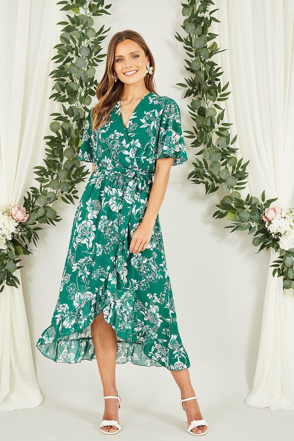 Floral Wrap Midi Dress Frill Detail