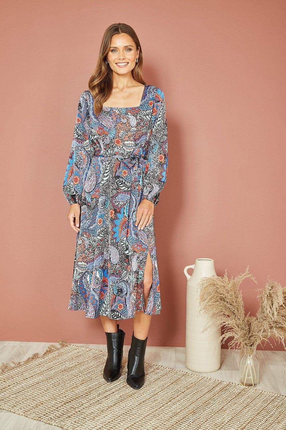 Paisley Print Long Sleeve Midi Dress