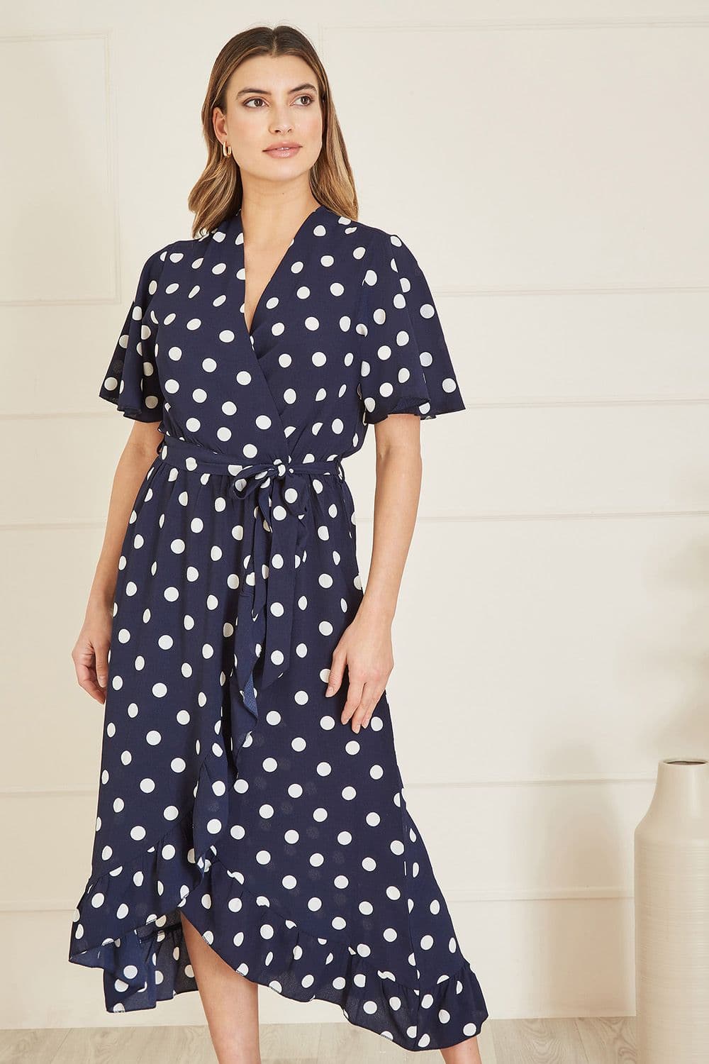 Navy Spot Print Wrap Midi Dress With Frill Detail