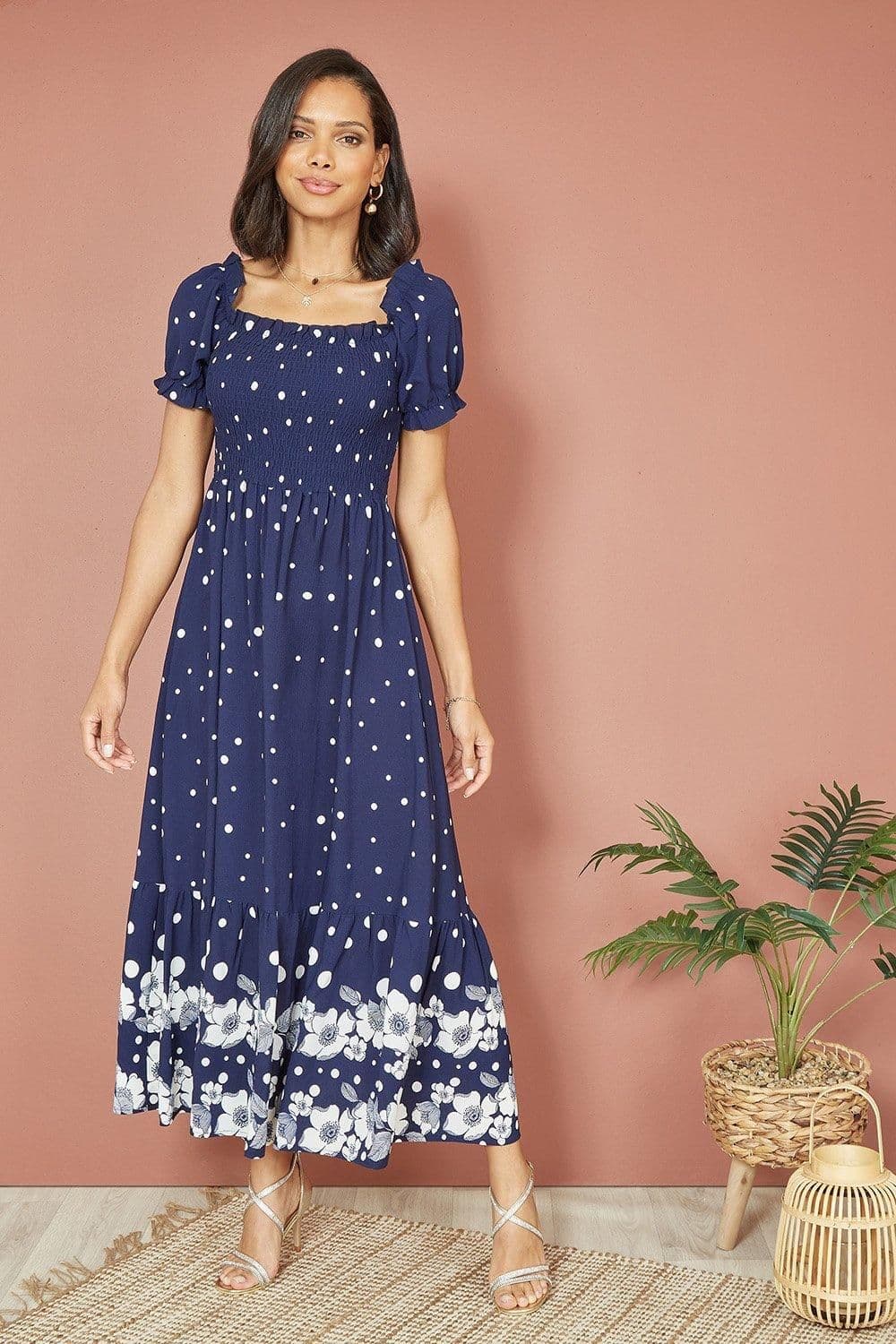 Spot Floral Print Border Ruched Midi Dress