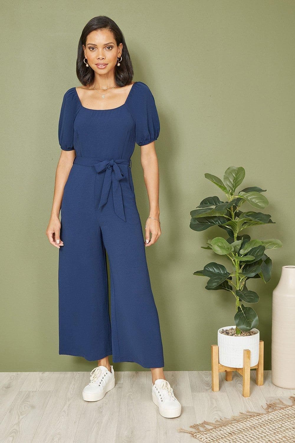 Square Neck Puff Sleeve Culotte Jumpsuit