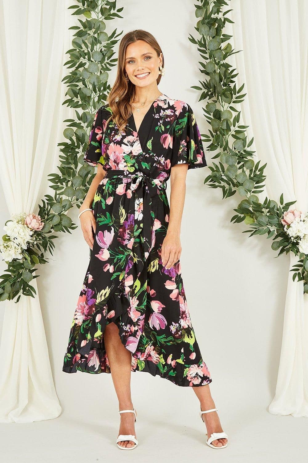Floral Wrap Midi Dress Frills