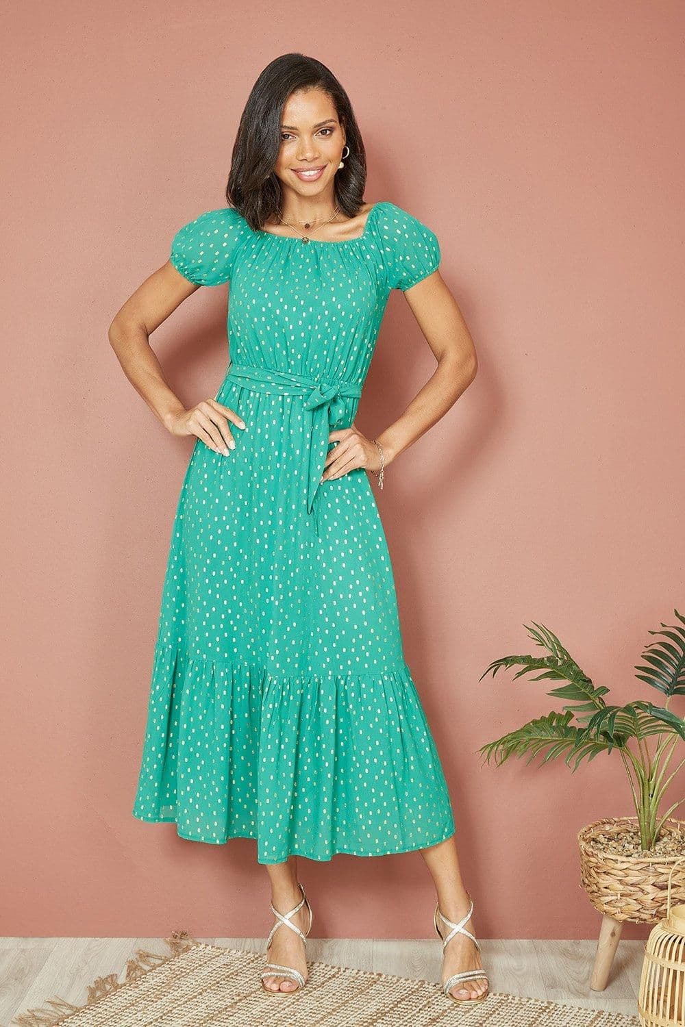 Foil Print Bardot Midi Dress