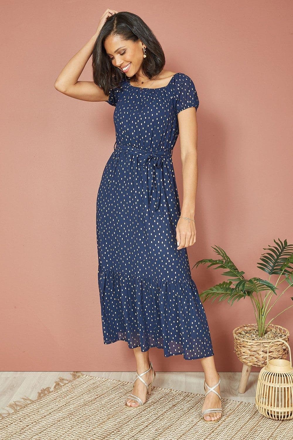 Foil Print Bardot Midi Dress