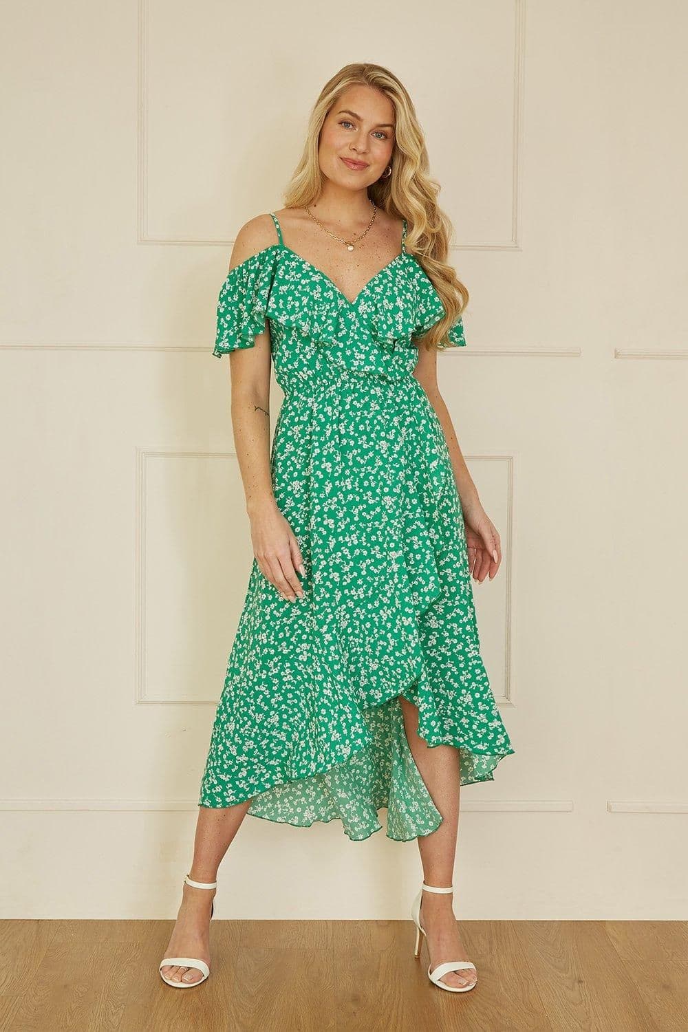 Ditsy Print Bardot Midi Dress Dip Hem