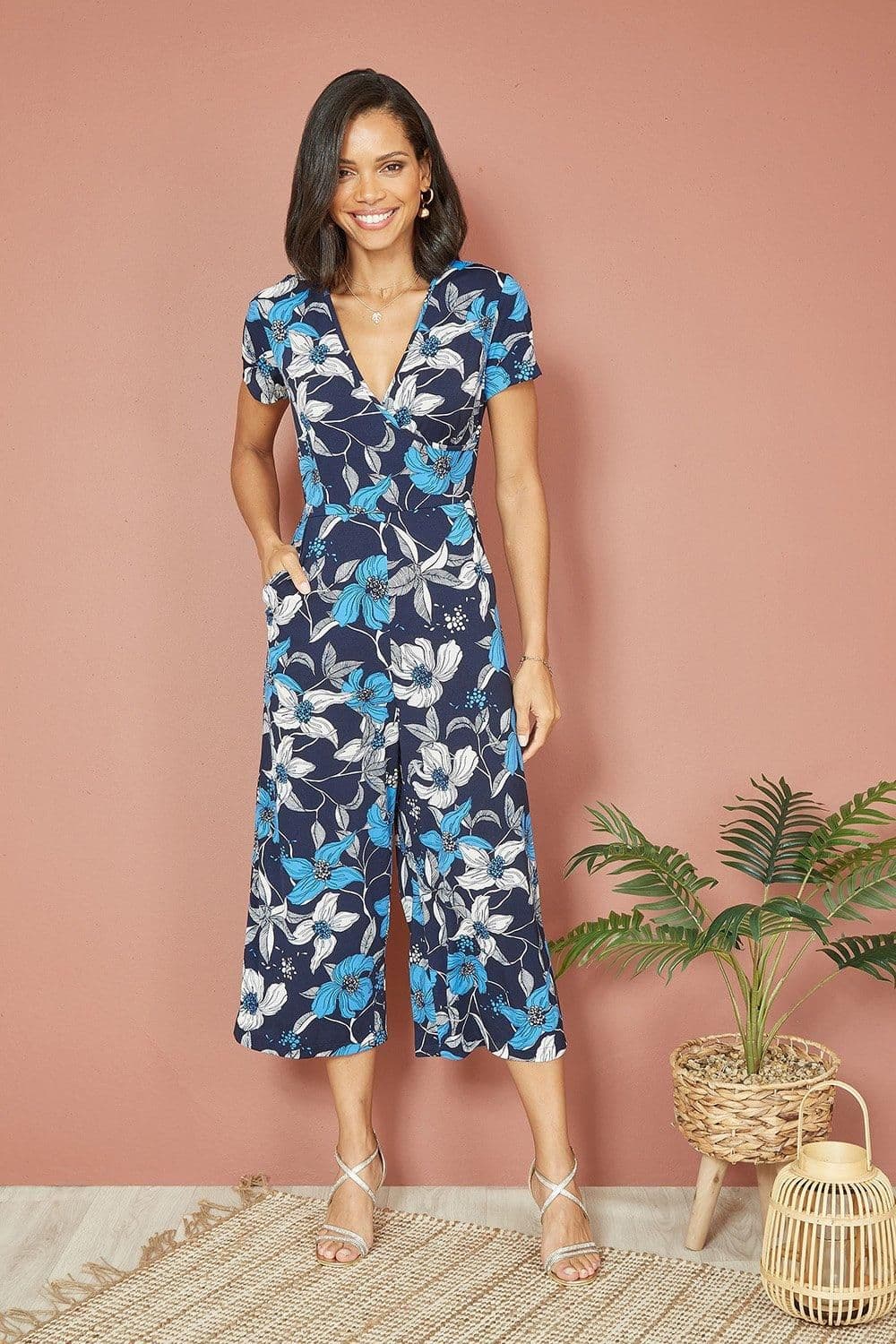 Floral Print Wrap Over Stretch Jumpsuit