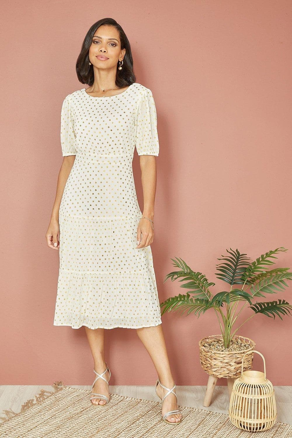 Gold Foil Spot Midi Dress Scoop Back