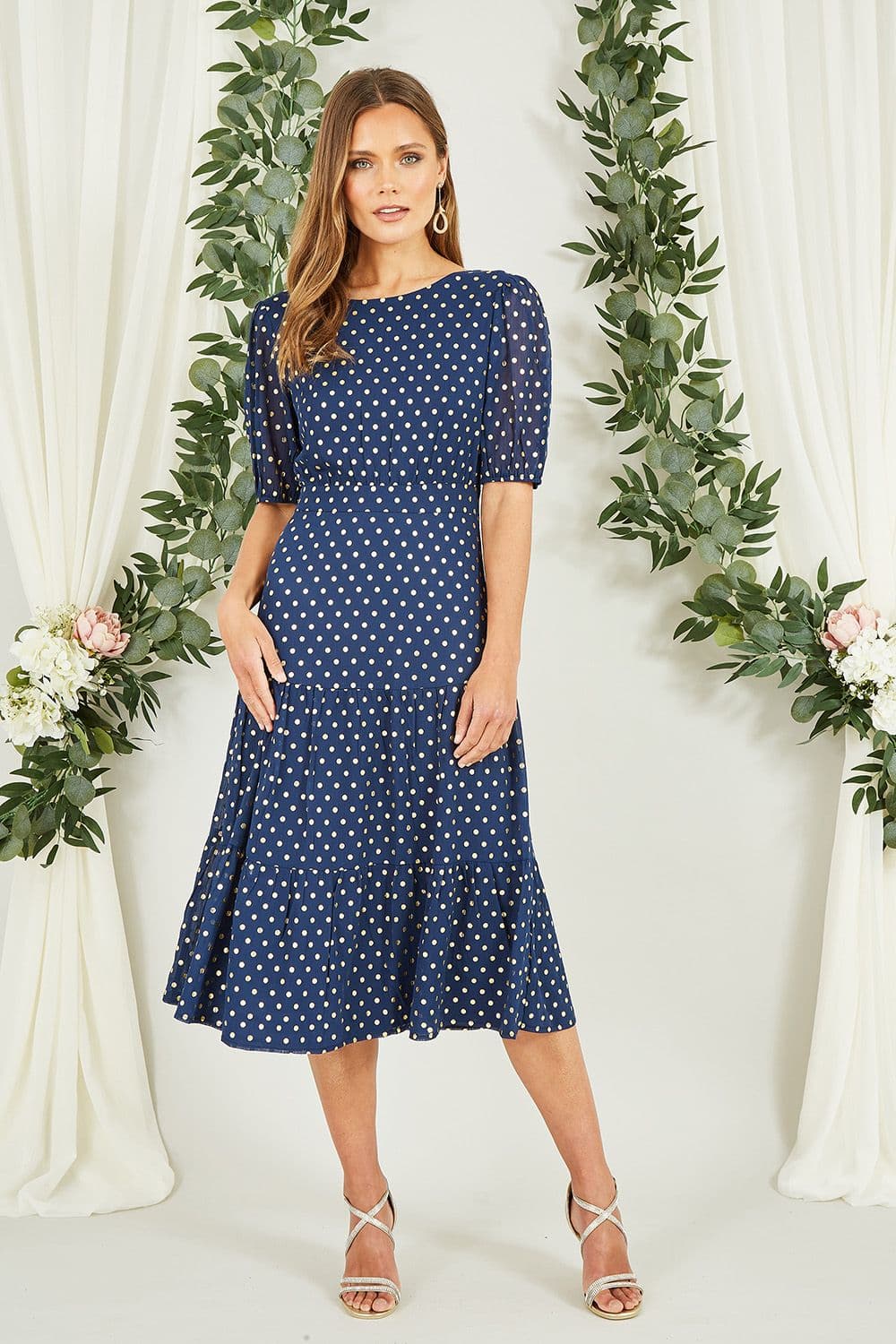 Navy Gold Foil Spot Midi Dress With Scoop Back
