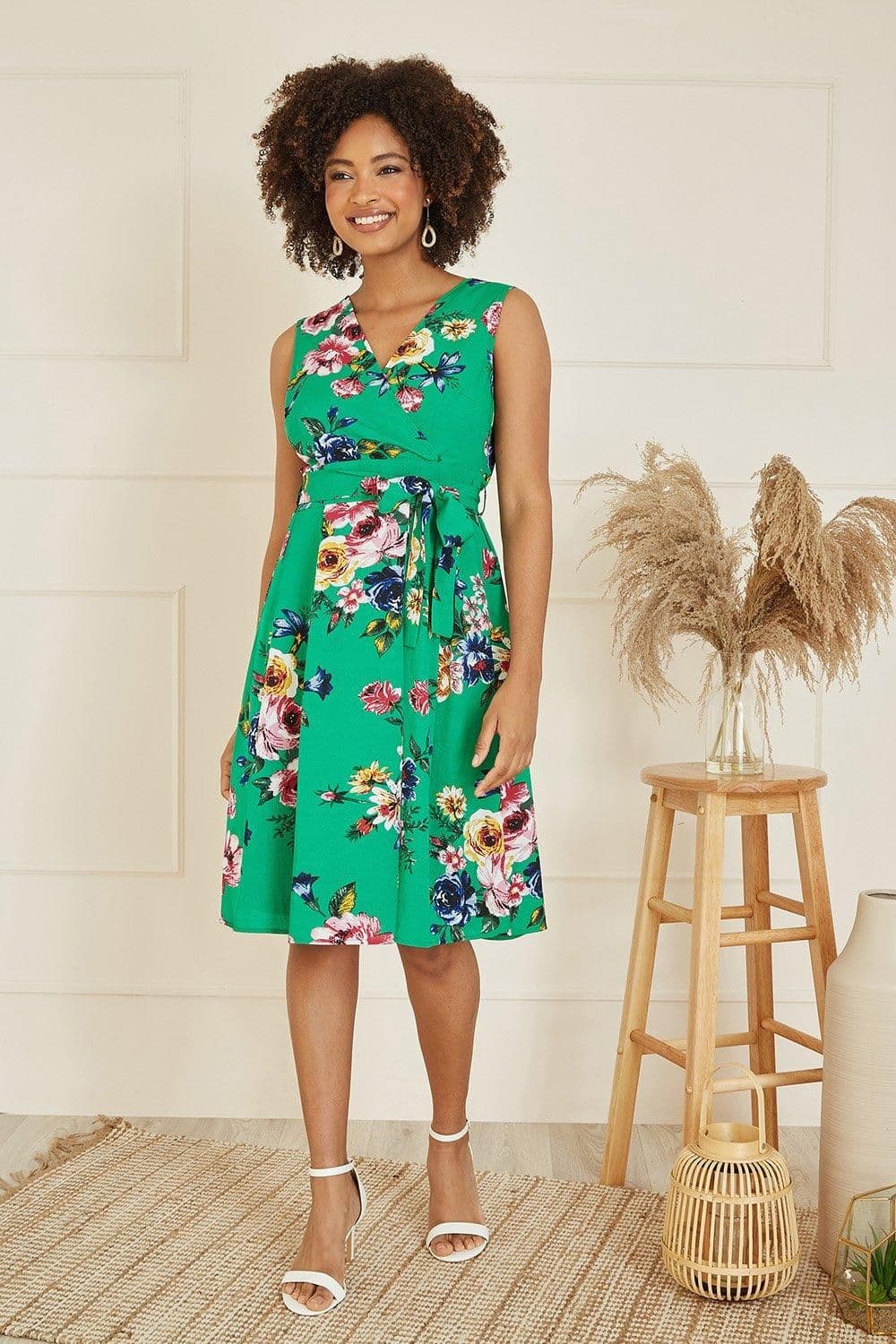 Floral Wrap Over Midi Skater Dress