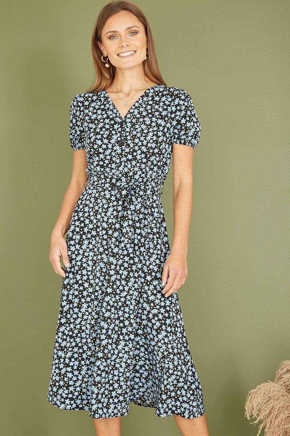Ditsy Floral Print Midi Shirt Dress