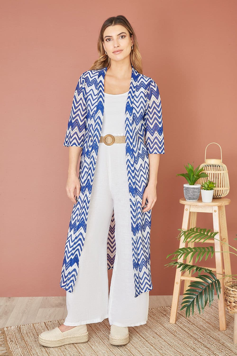 Blue Zig Zag Crochet Long Knitted Kimono