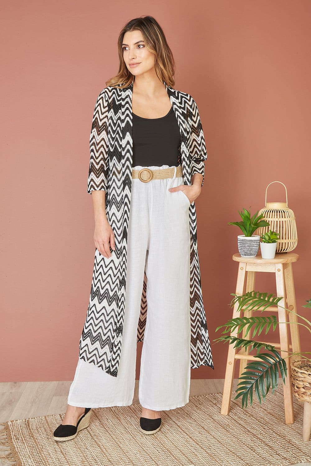 Black Zig Zag Crochet Long Knitted Kimono