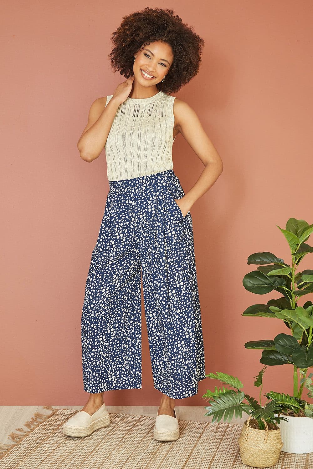 Navy Dash Print Culotte Trousers