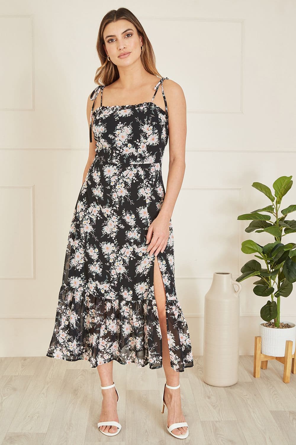Black Floral Midi Sundress With Split Hem