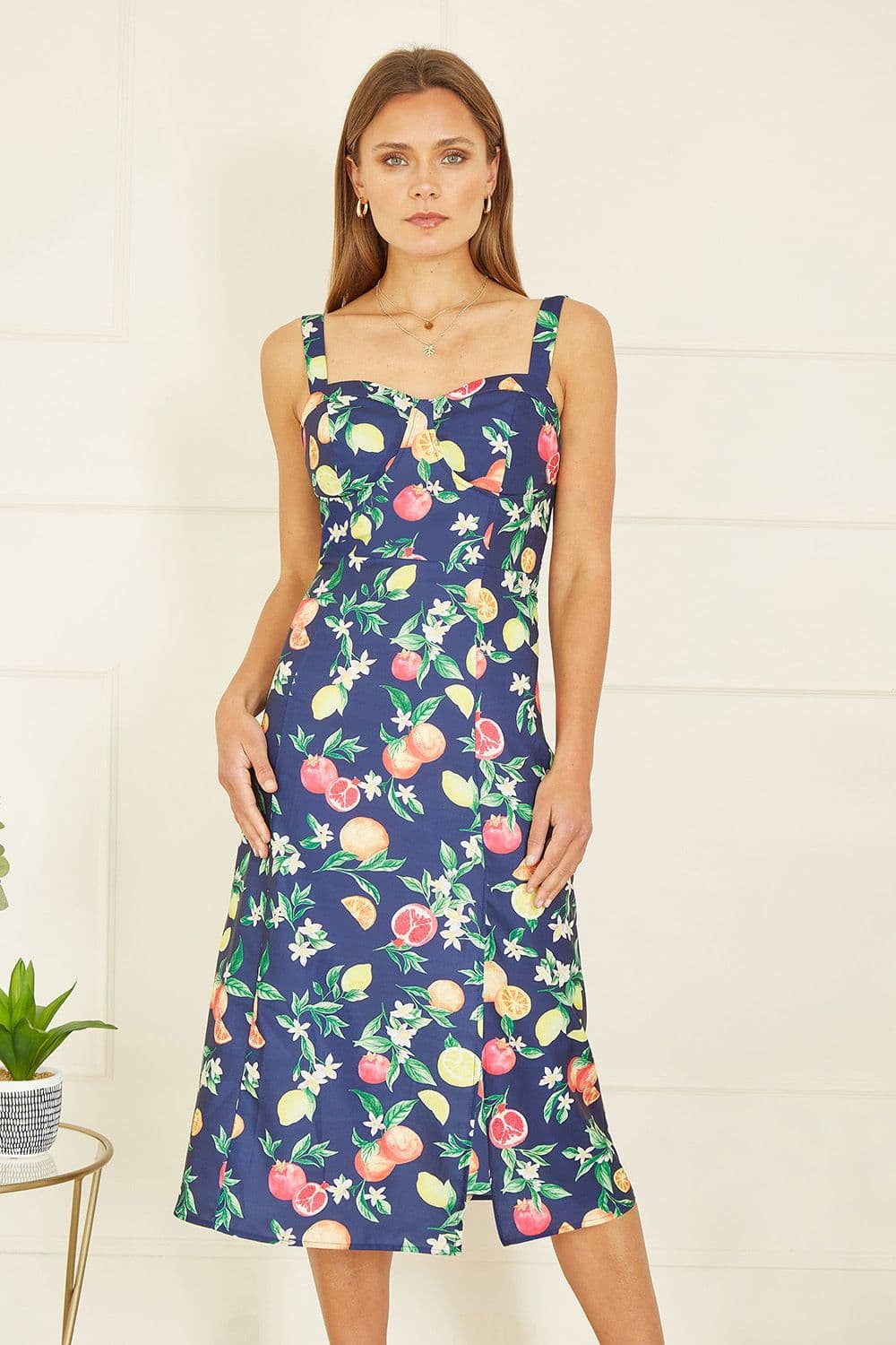 Navy Fruit Print Strappy Sundress With Front Split