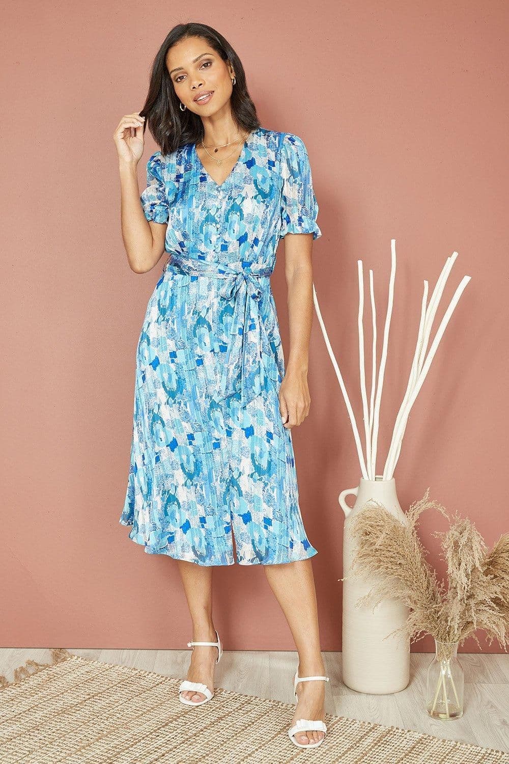 Abstract Print Tea Dress Pleats Front Split