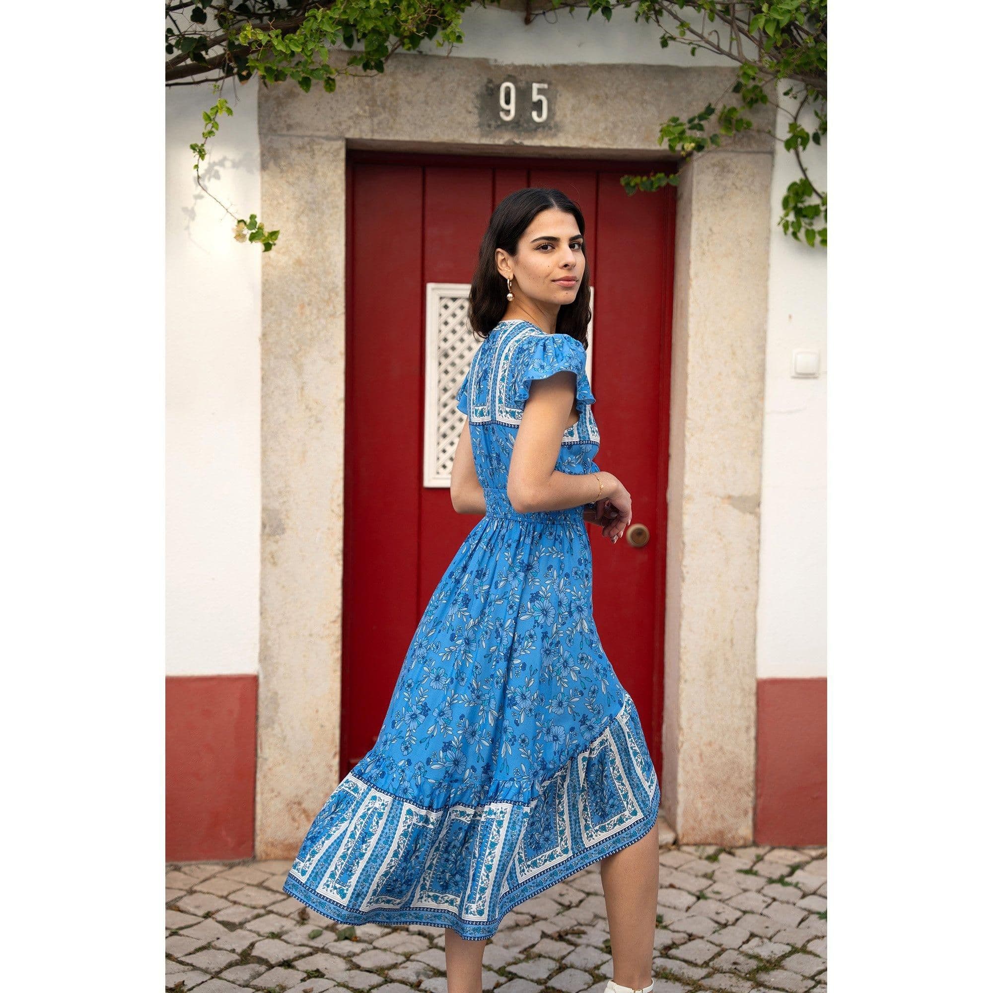 Ditsy Print Sun Dress Cross Over Back Tie Front Dip Hem