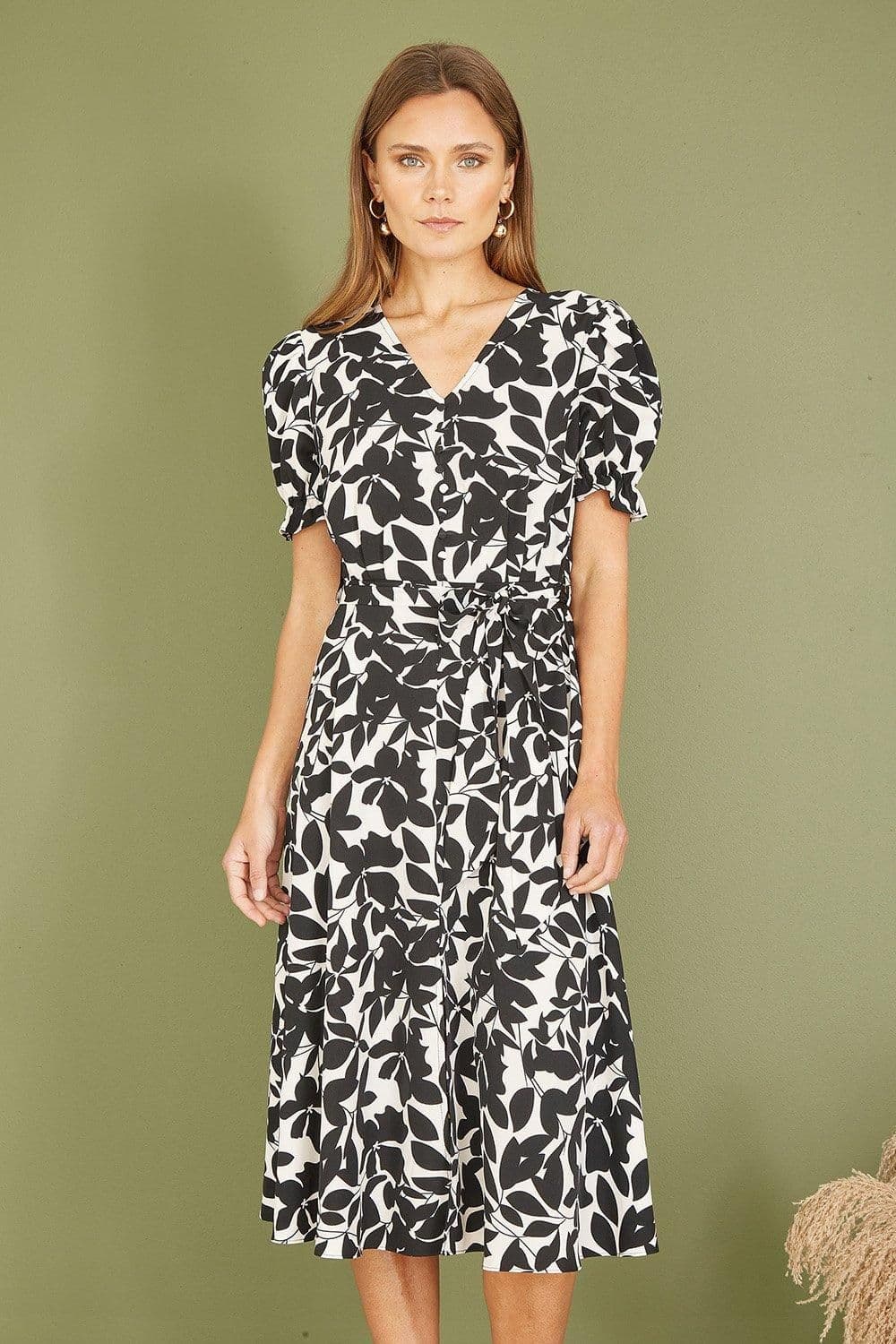 White Leaf Print Midi Tea Dress