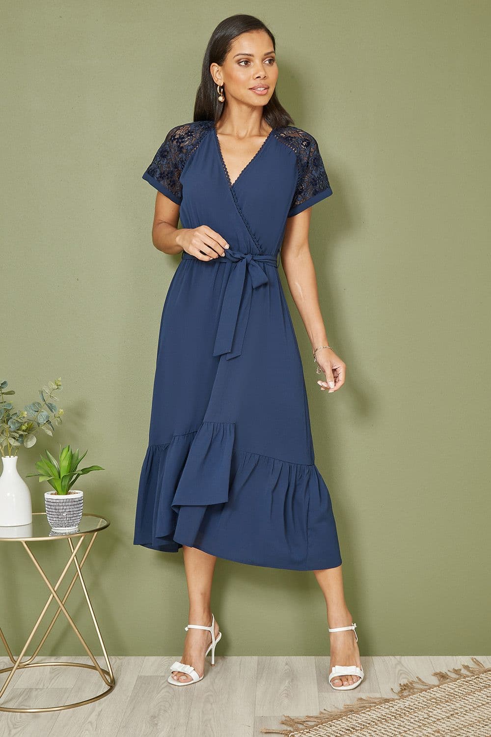 Navy Lace Sleeve Midi Wrap Over Dress